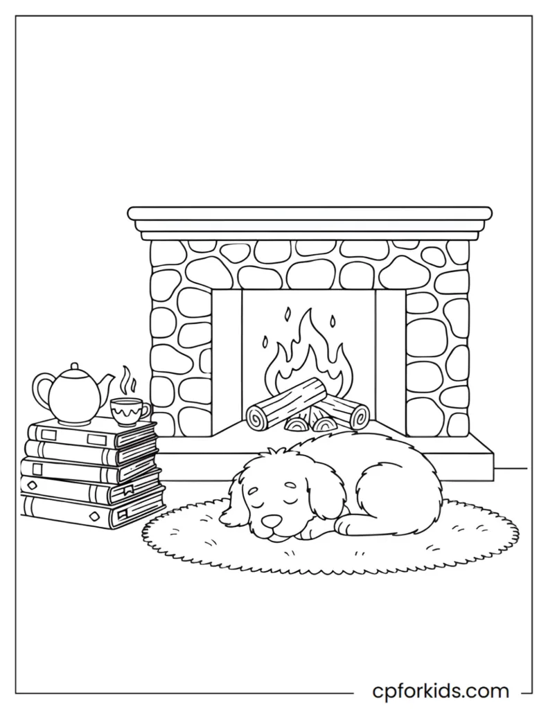 Cozy Cute Illustrations Coloring Pages Cozy cute coloring page depicting a warm fireplace scene with a sleeping dog, books, and a teapot in simple line art.