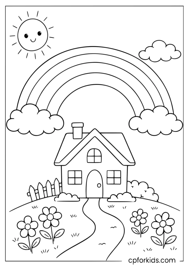 Cozy house and rainbow with sunshine coloring page