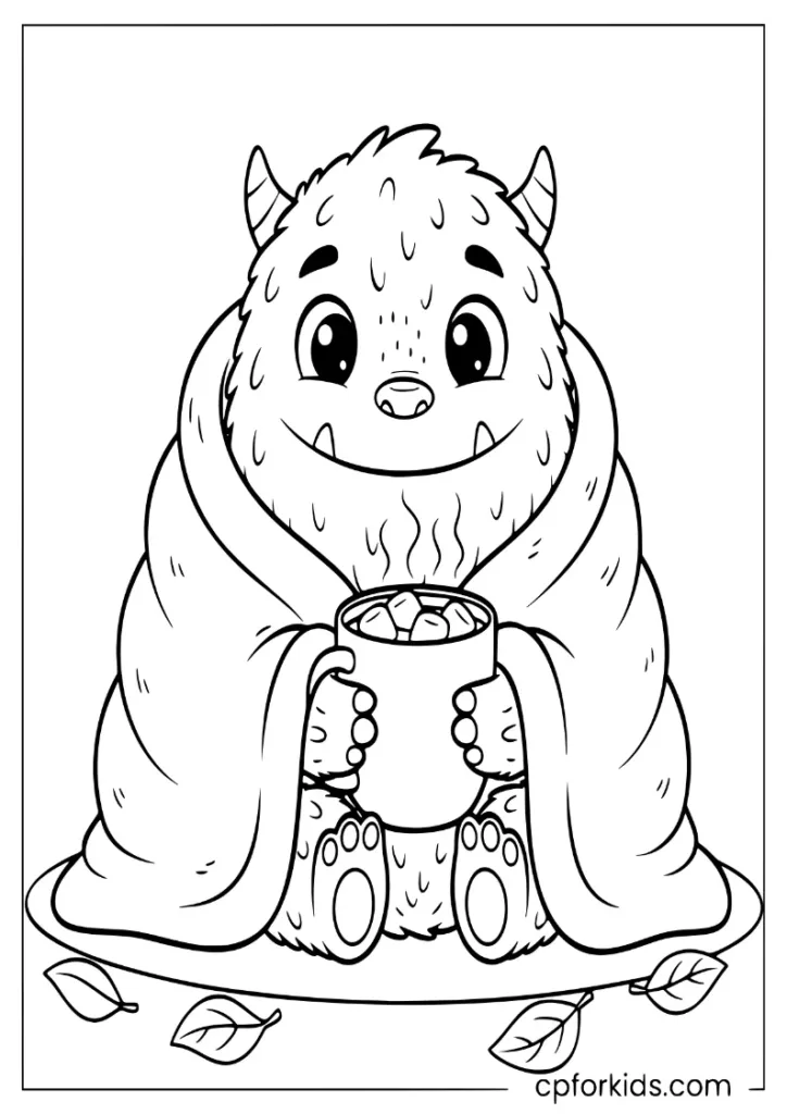 Cozy monster wrapped in a blanket, indoor November coloring sheet.