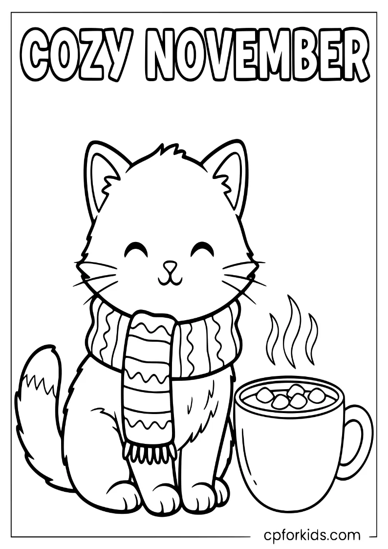 Kitten in a scarf holding hot cocoa