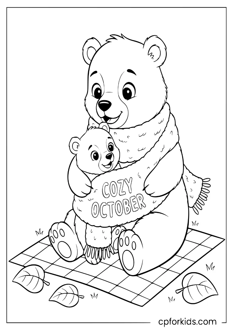 A mother bear wrapping a Cozy October scarf around her cub at a picnic.