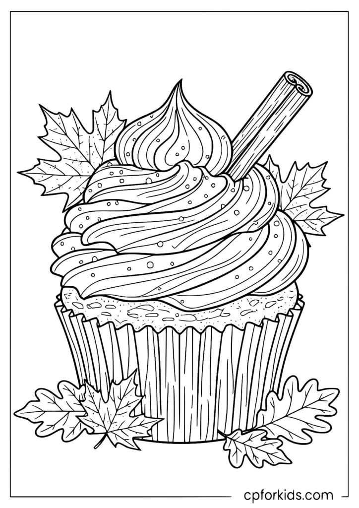 Pumpkin spice cupcake coloring page with cinnamon stick and fall leaves