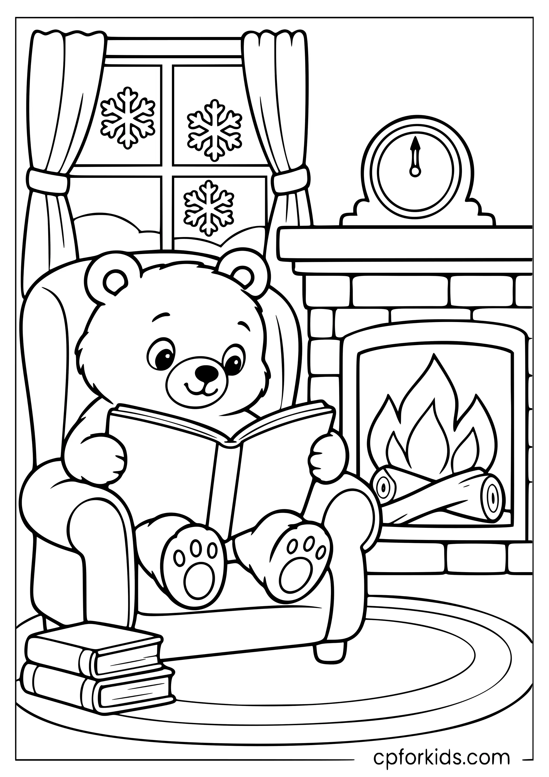 Animal reading a book by a fireplace