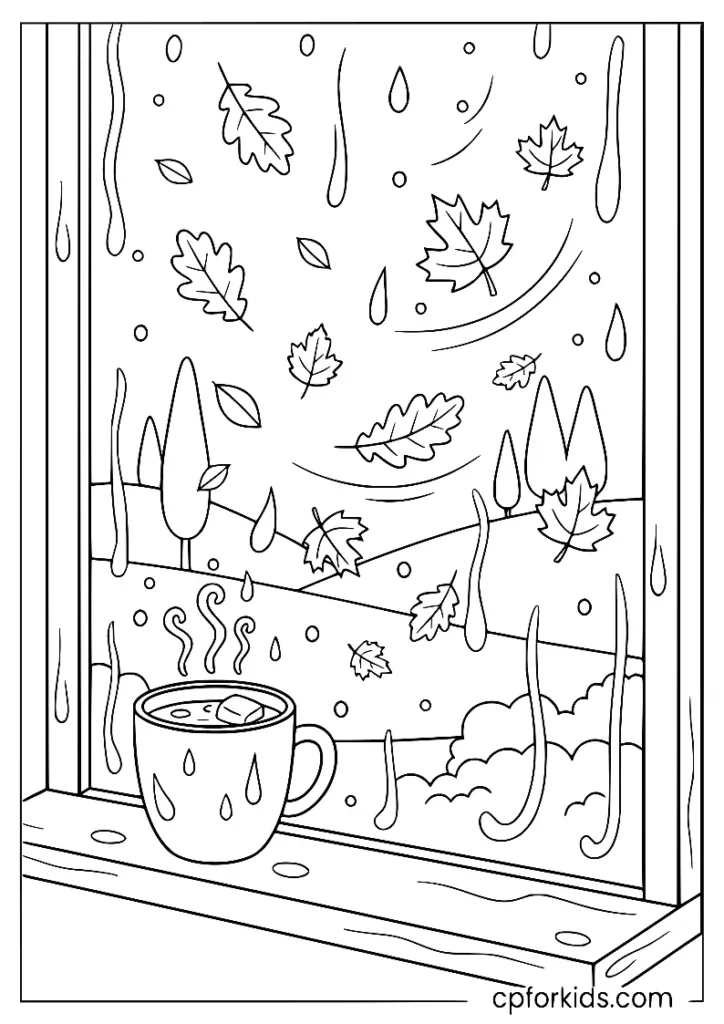 A cozy September window scene with a hot cocoa mug and autumn leaves outside.