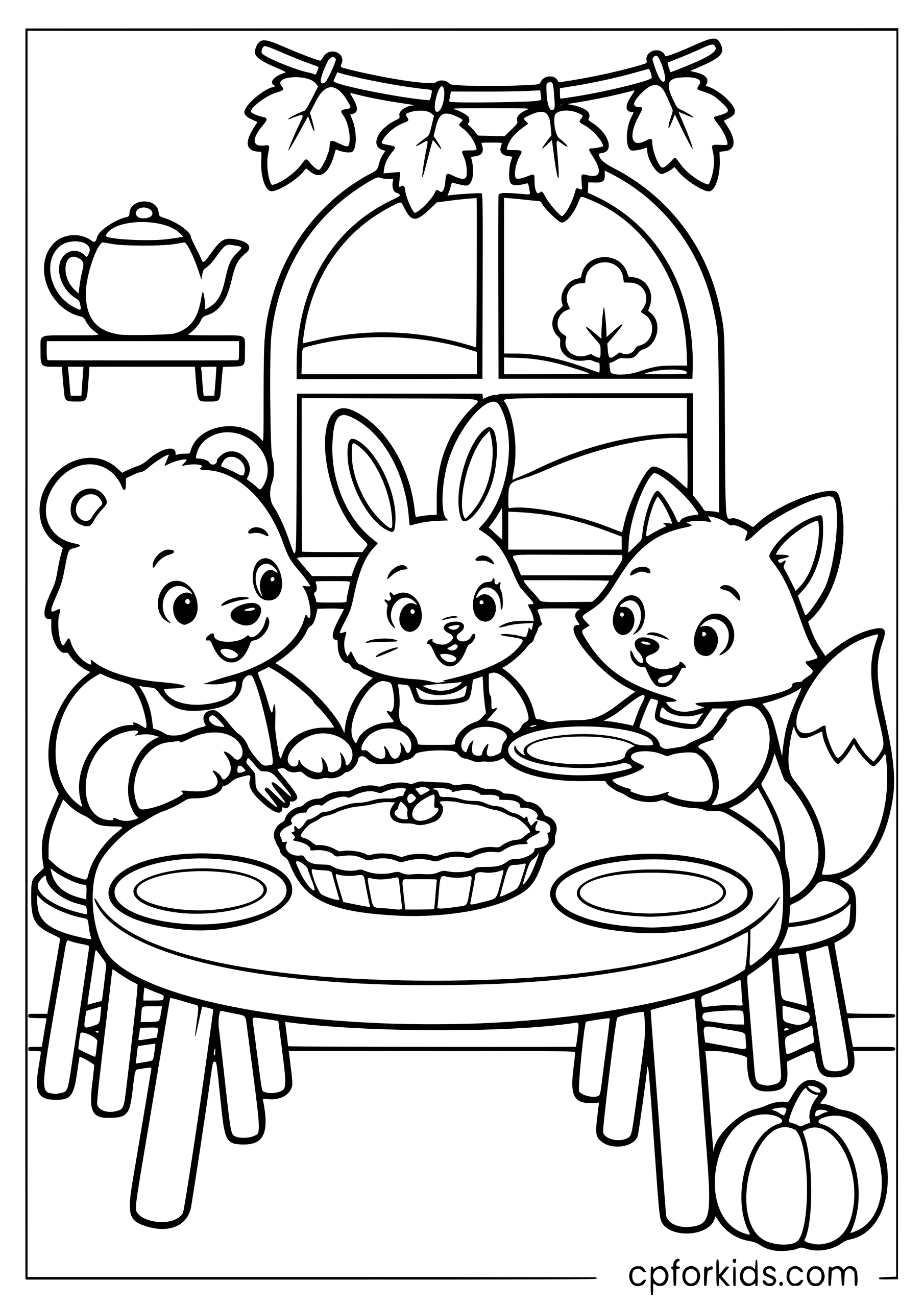 Bear, rabbit and fox sharing pie inside a woodland cottage