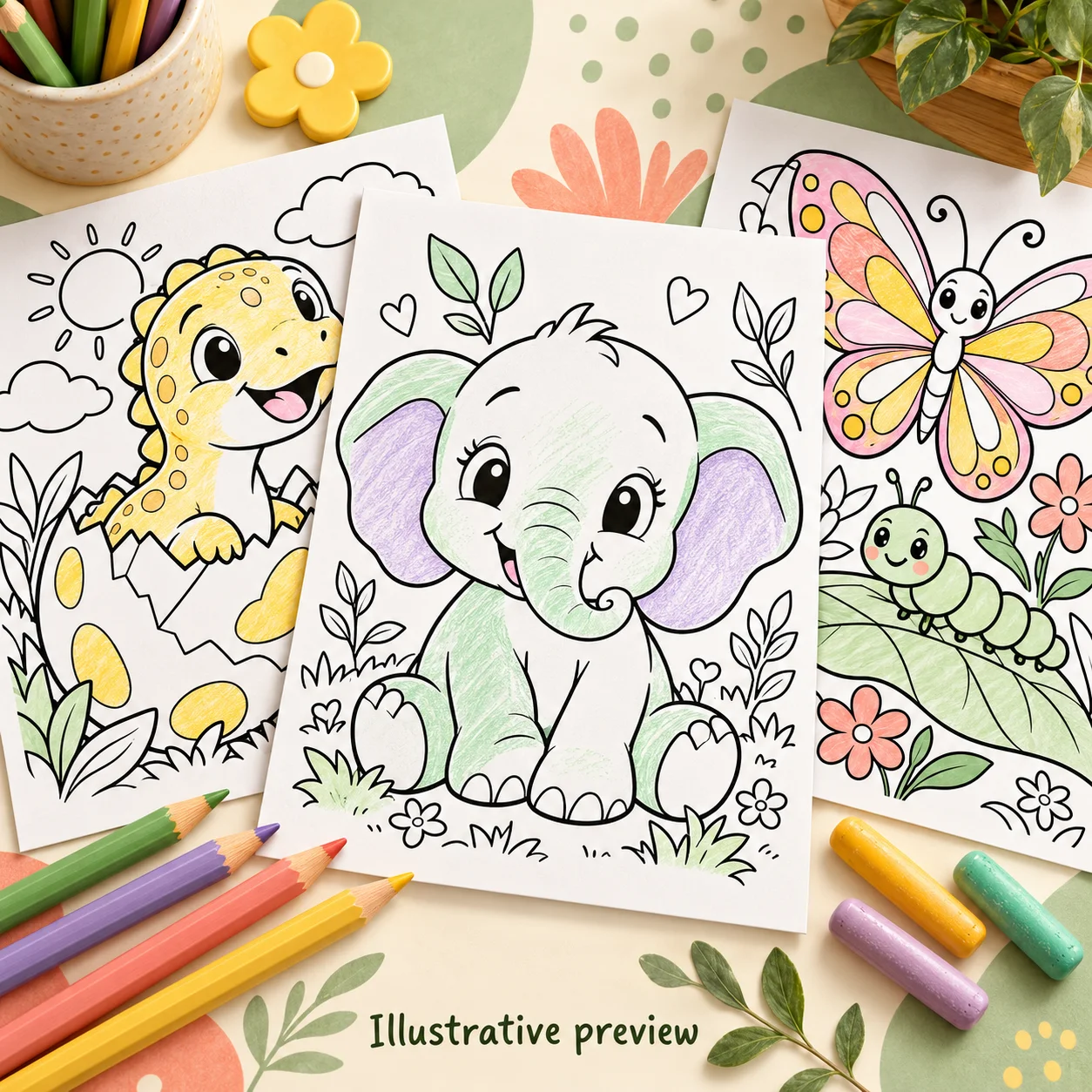 Partly colored elephant, dinosaur, and butterfly coloring sheets