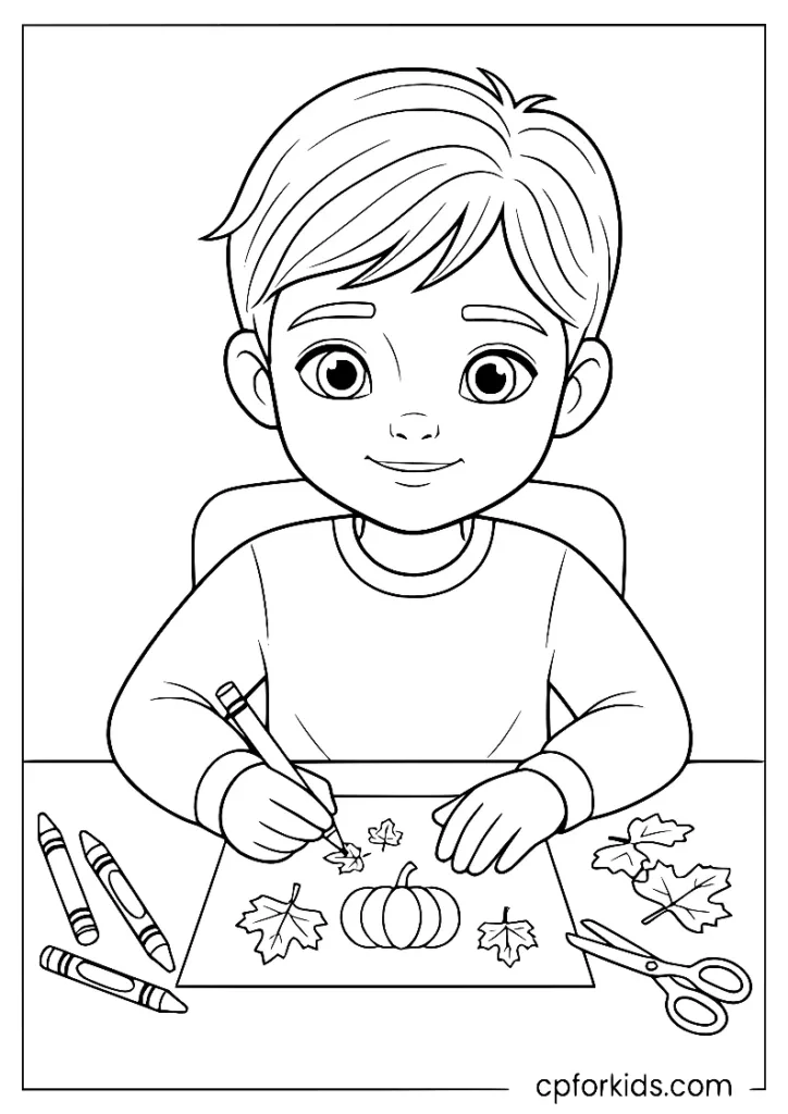 Student drawing at an art desk with crayons, classroom coloring page
