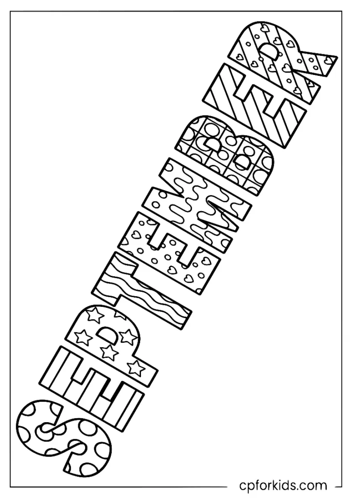 Detailed September typography with creative patterns inside each letter for older kids.
