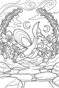 Cresselia floating through a fantasy garden with crescent decorations