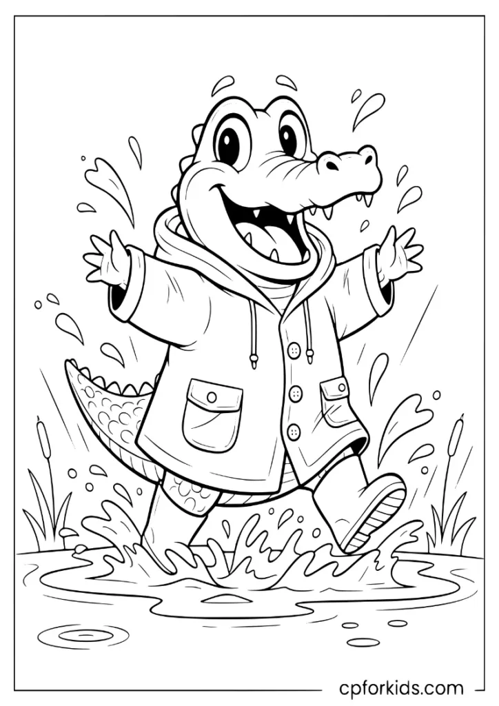 Crocodile in a yellow raincoat and boots, November rainy day coloring page.