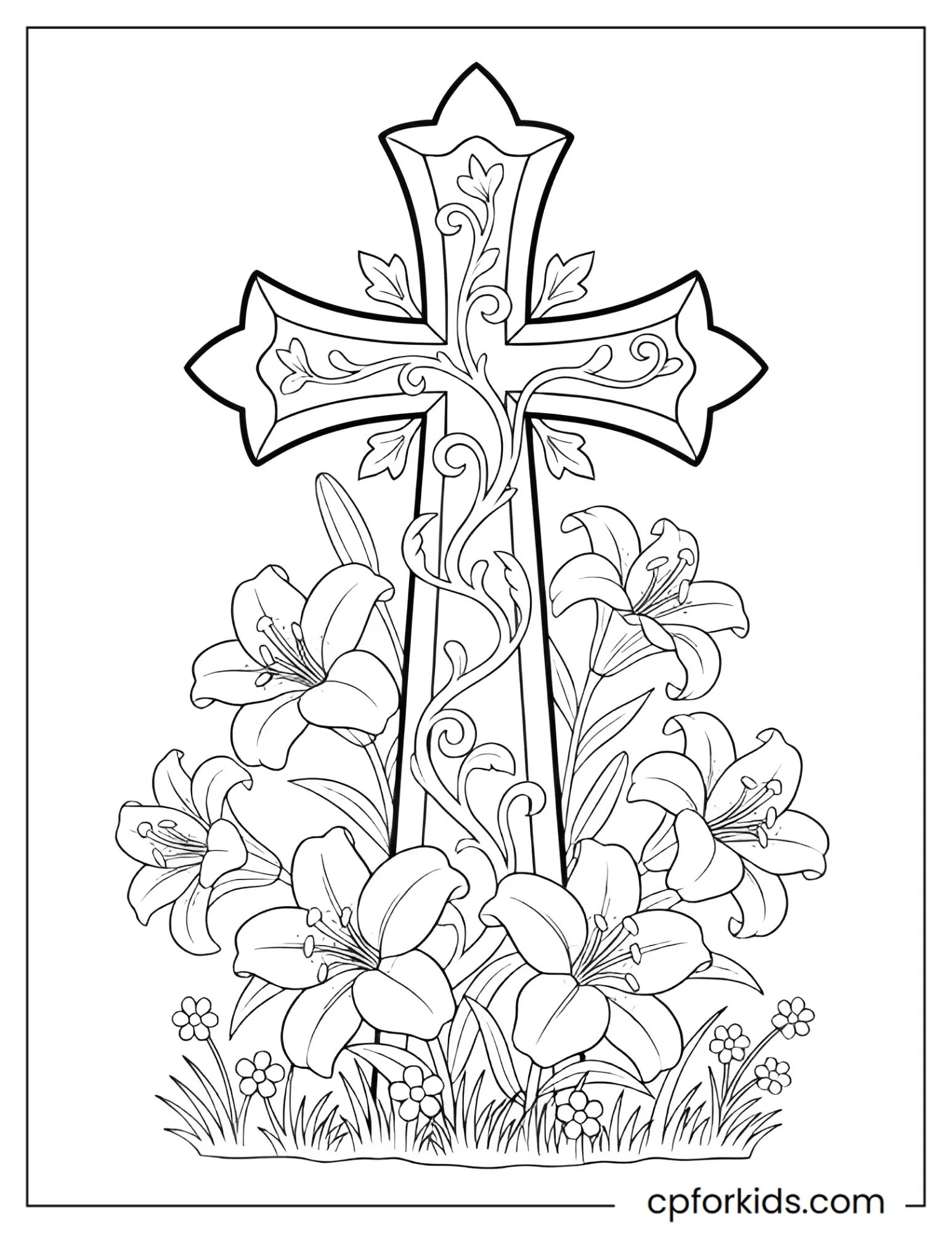 Christian cross surrounded by blooming Easter lilies