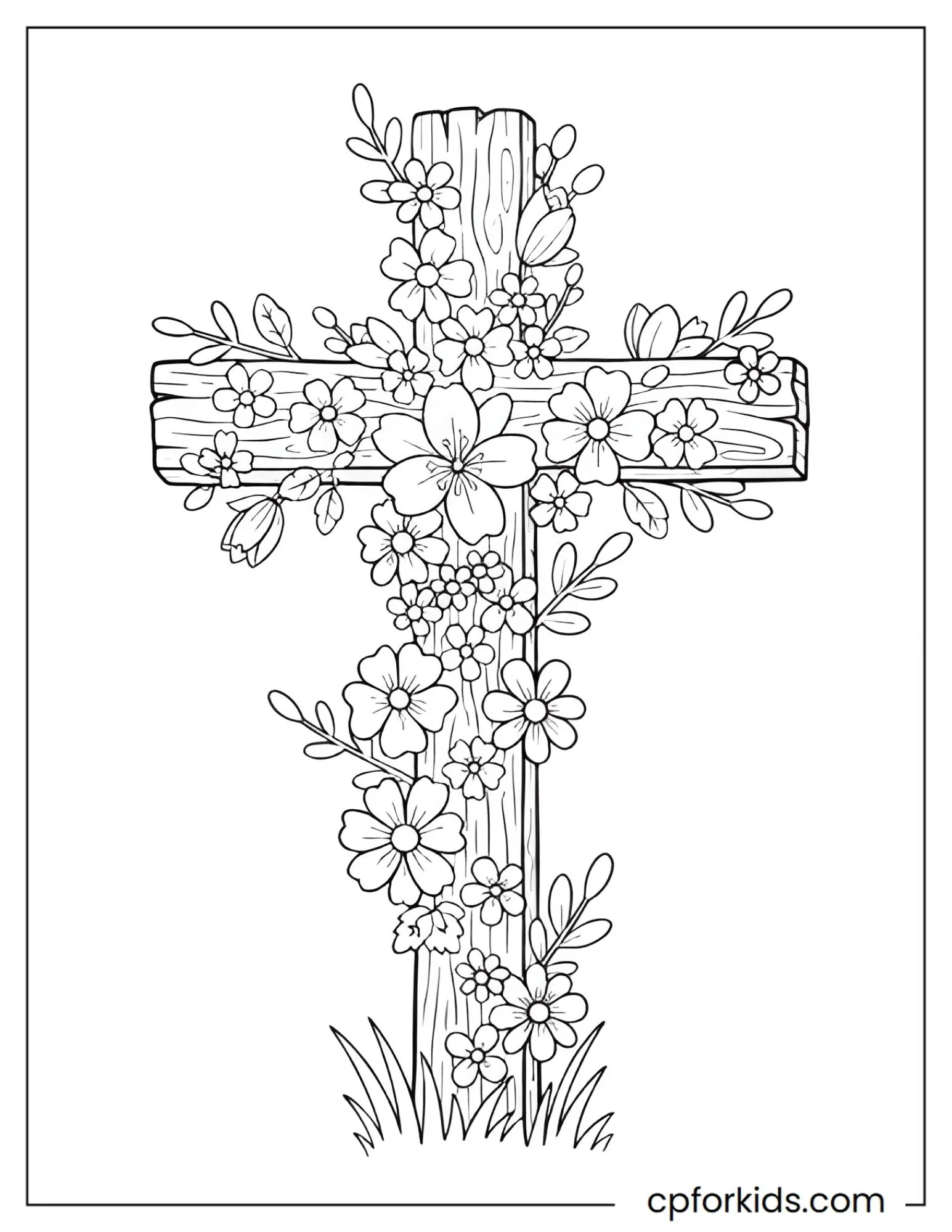 Christian cross decorated with blooming spring flowers