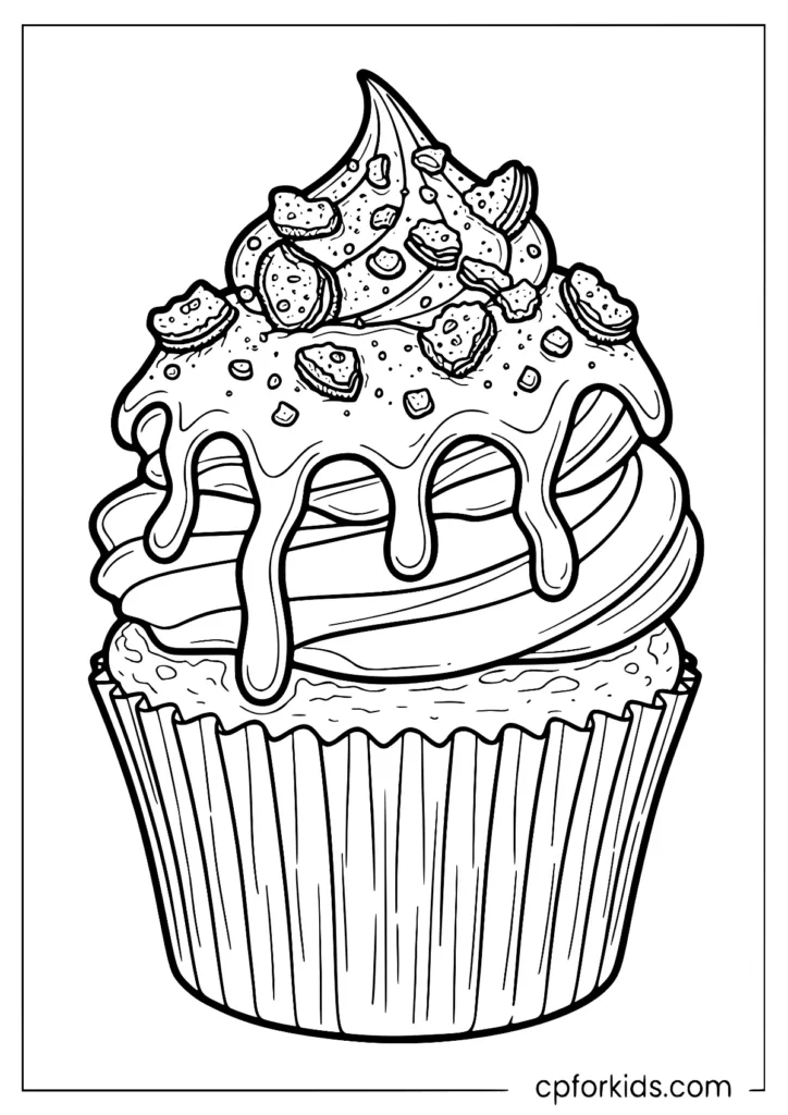 Chocolate drip cupcake topped with crushed Oreo pieces
