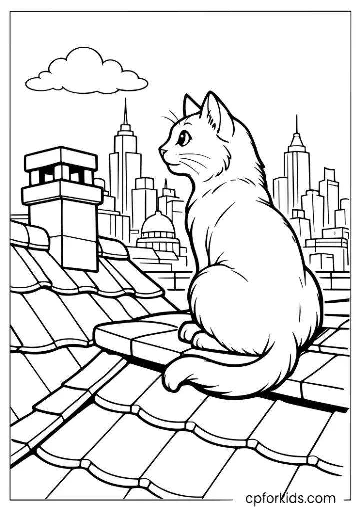 Curious cat sitting on a rooftop with a city skyline coloring page