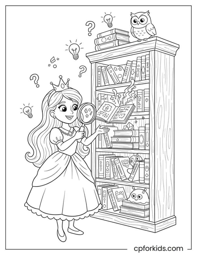 Educational coloring page of a young princess exploring a magical bookshelf with glowing books, promoting curiosity, literacy, and imaginative play for children.