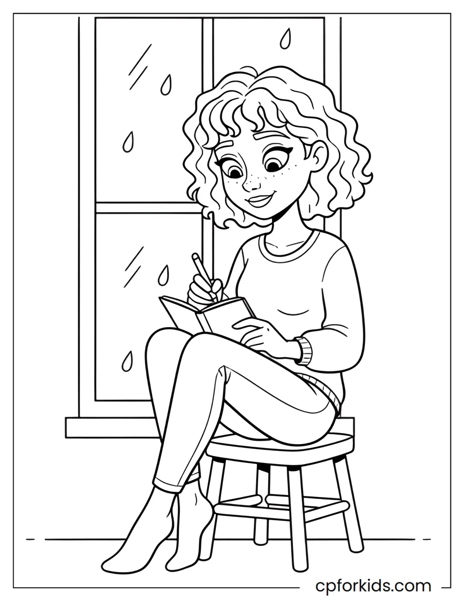 Curly hair princess sketching by a window