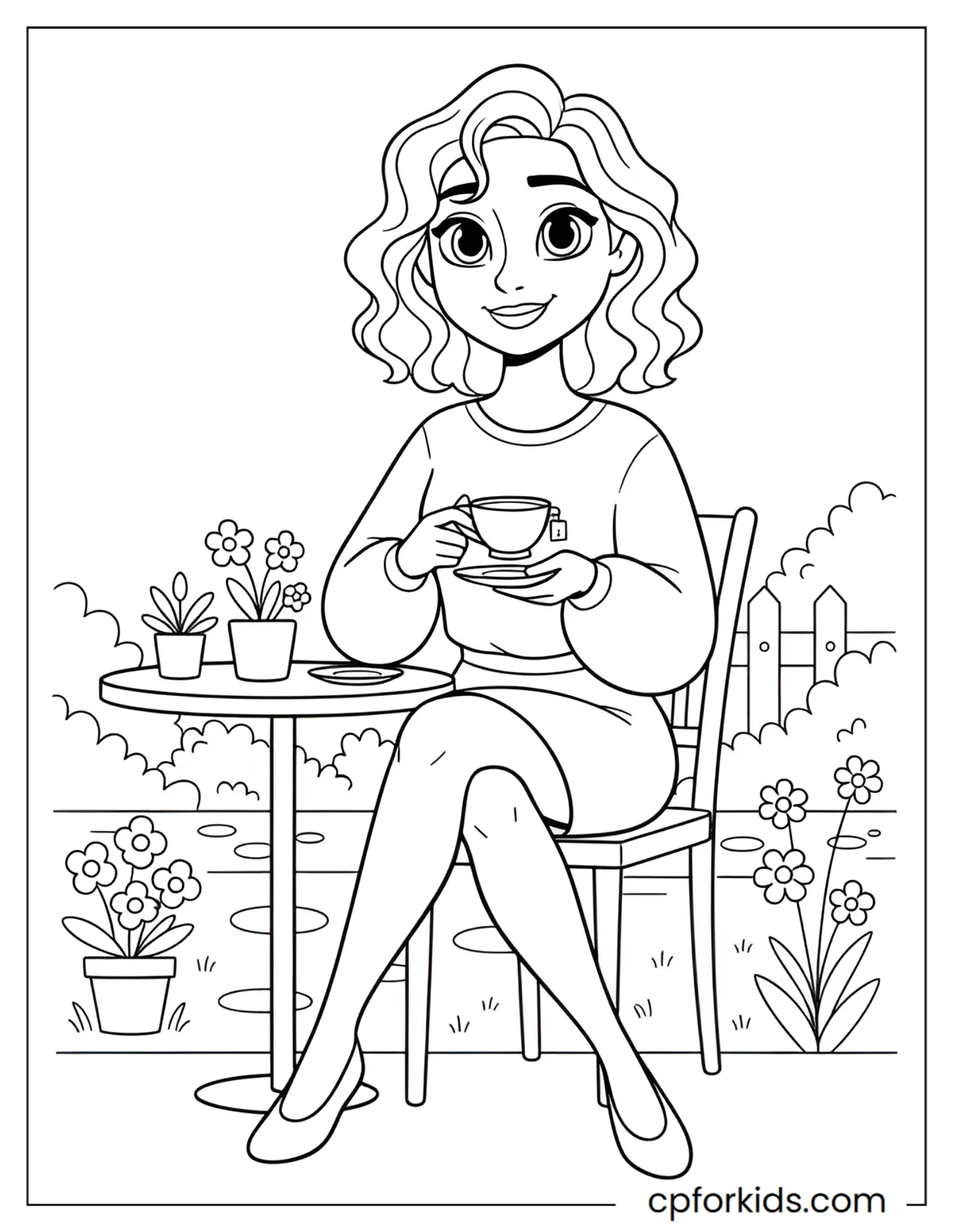 Curly hair princess having tea in a garden