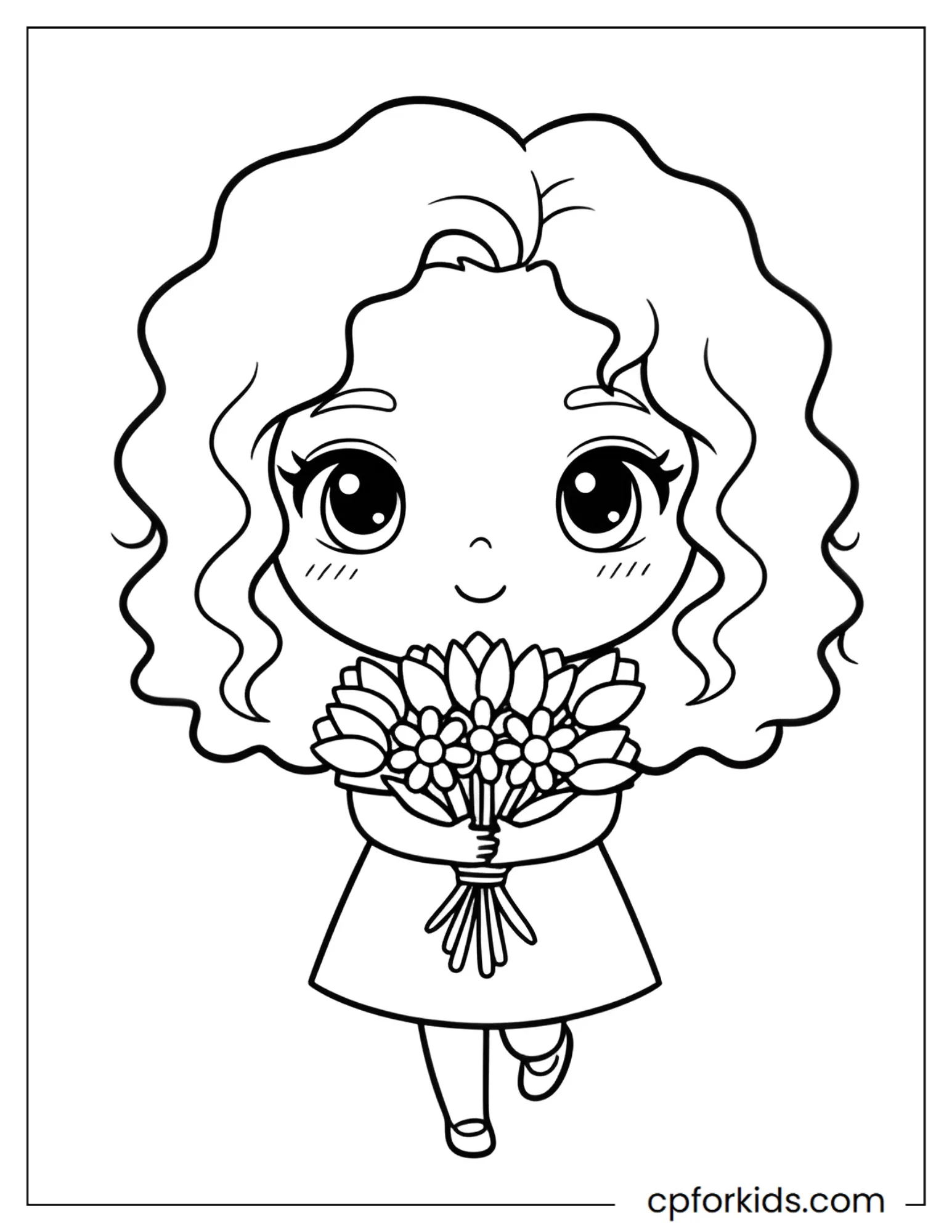 Curly hair princess holding a bouquet of flowers