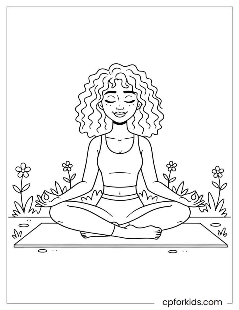 Curly hair princess relaxing in a sunny garden coloring sheet