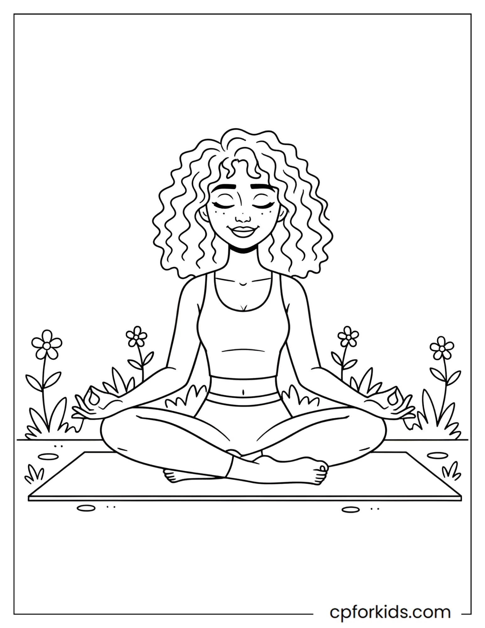 Curly hair princess meditating cross-legged in a flower garden