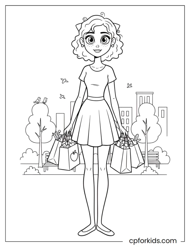 Curly hair princess with big eyes shopping at market coloring page