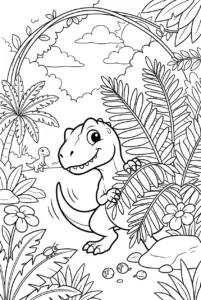 Cute Allosaurus playing hide-and-seek behind giant ferns