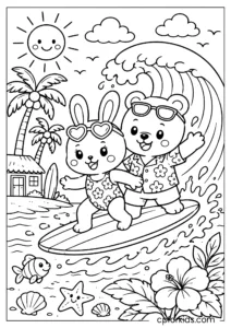 Cute animals surfing on a sunny beach