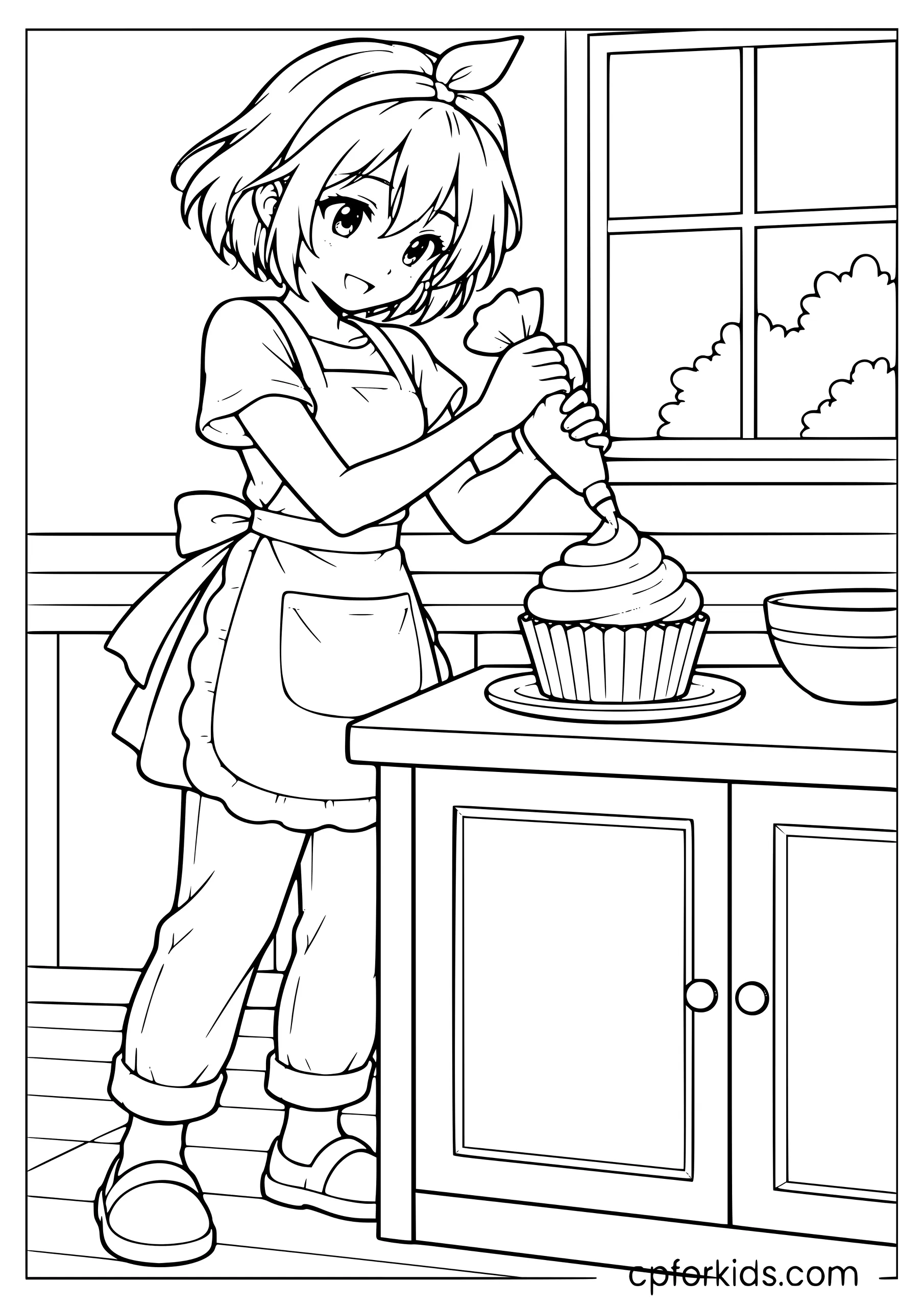 Short-haired kawaii girl decorating one large cupcake in a kitchen