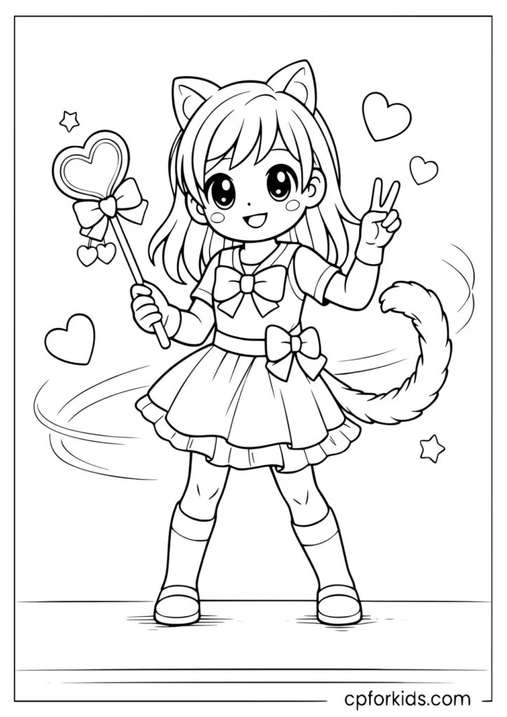 Cute anime cat-girl with kitten ears and heart wand coloring sheet
