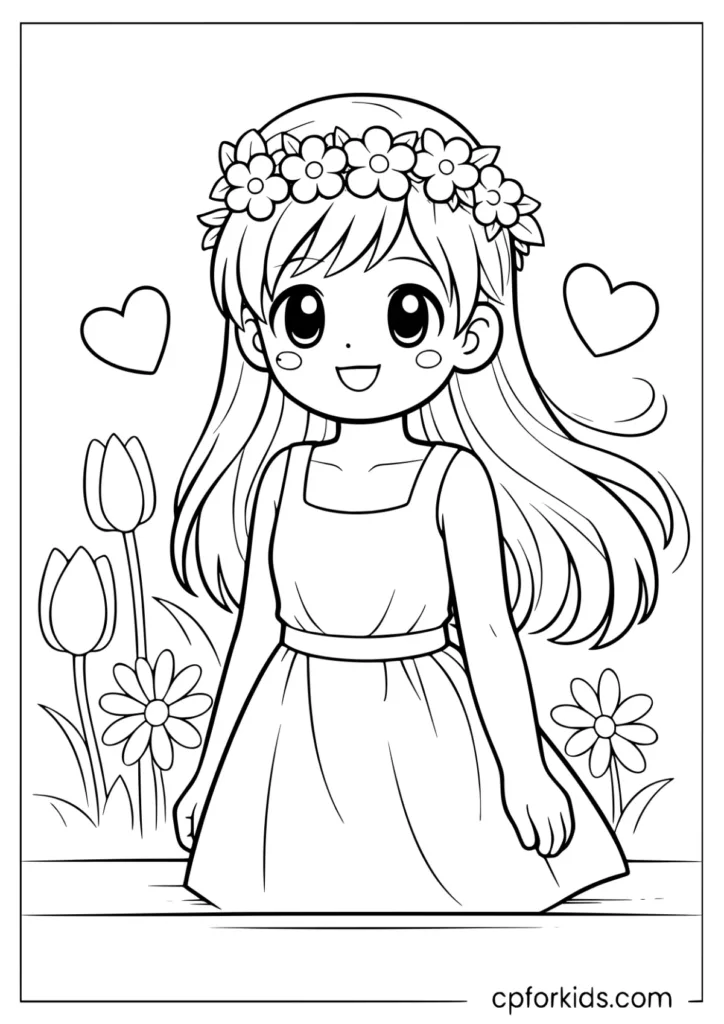 Cute anime girl with flower crown and summer dress coloring sheet