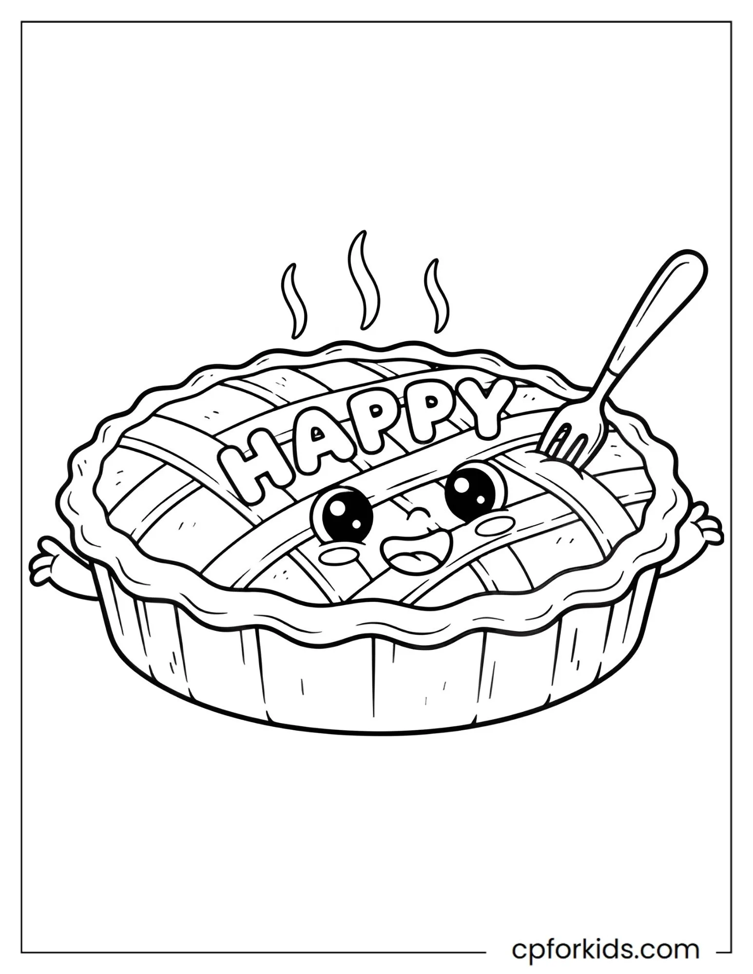 Smiling pie with Happy lettering and a fork