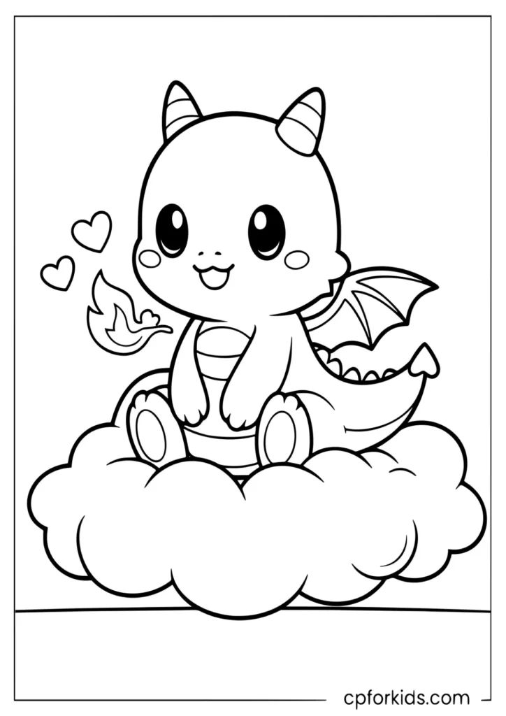 Small cute baby anime dragon on a cloud coloring sheet
