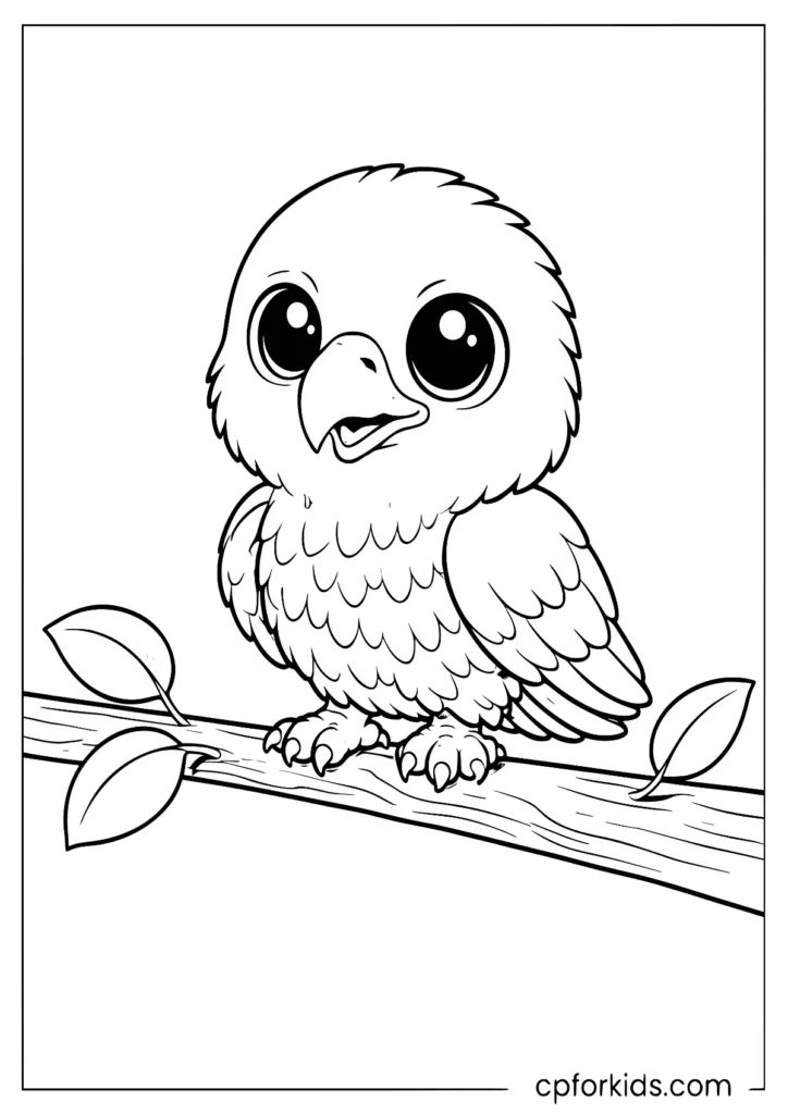 Baby bald eagle chick sitting on a branch coloring sheet.