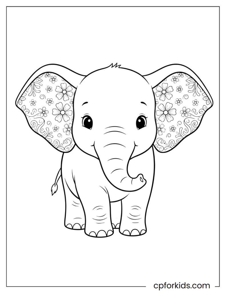 Cute Animal Coloring Pages for Adults Cute animal coloring page for adults showing a baby elephant decorated with gentle floral patterns on its ears.