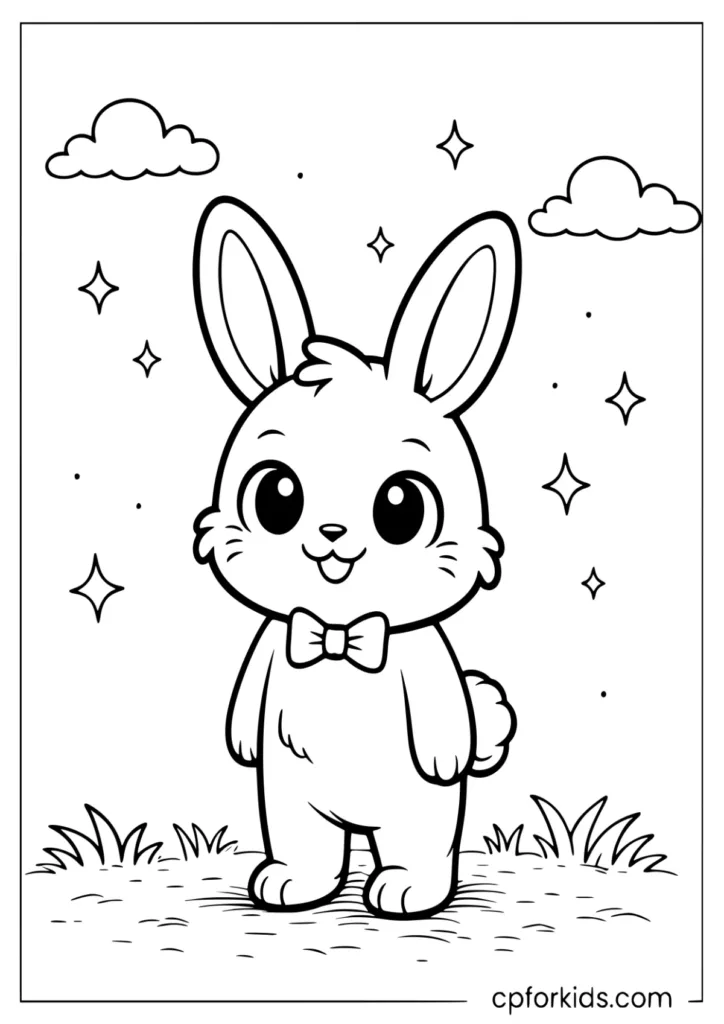 Baby bunny standing and smiling, easy bunny coloring page