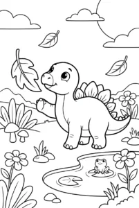 Cute baby Stegosaurus playing with a leaf online coloring page