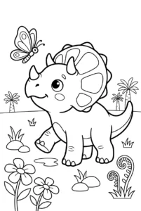 Cute baby Triceratops with butterfly online coloring page