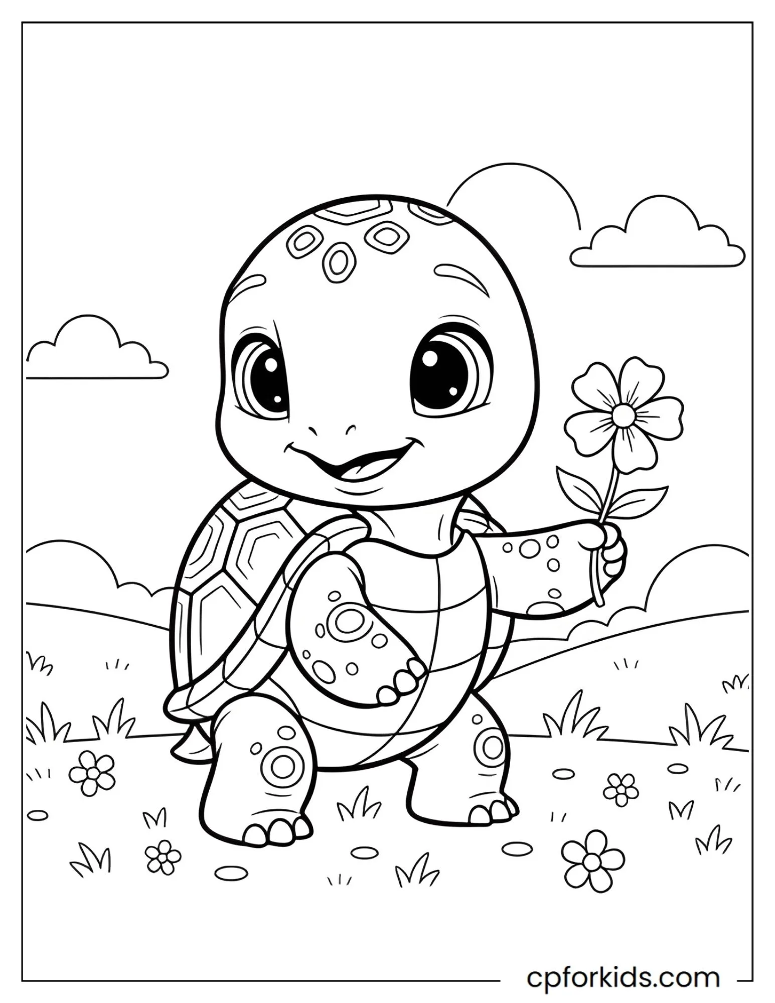 Baby turtle holding a spring flower