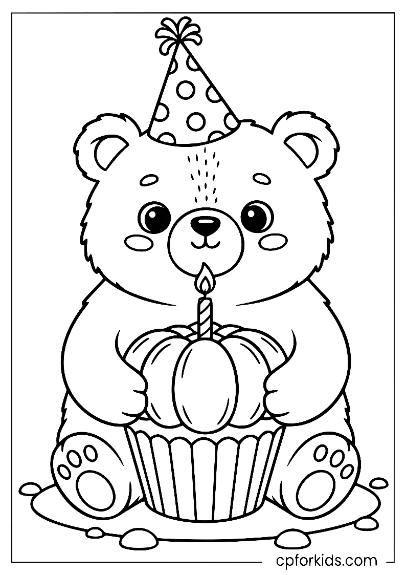 A cute teddy bear wearing a party hat and holding a pumpkin cupcake with a birthday candle for an October birthday