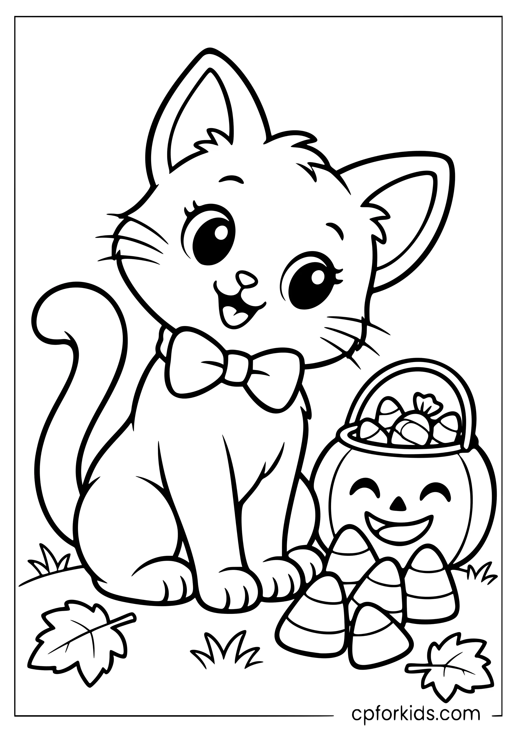 Halloween black cat wearing bowtie beside candy
