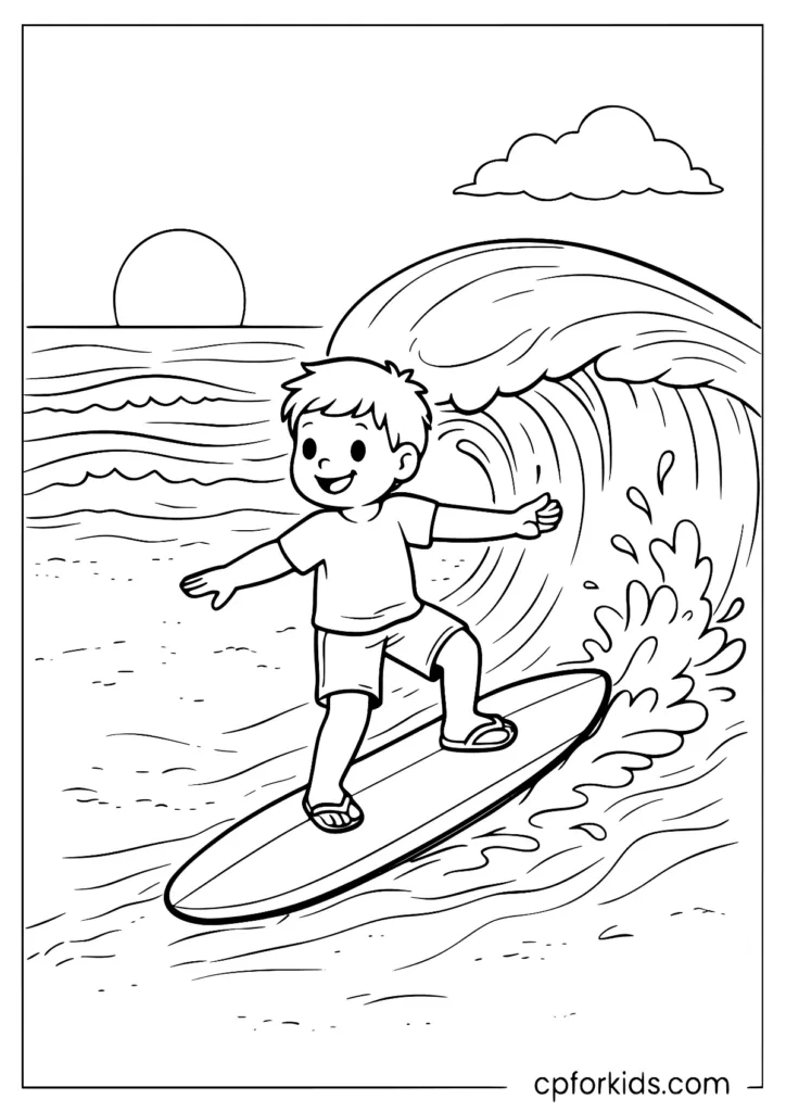 Cute boy surfing a wave, free printable beach coloring sheet