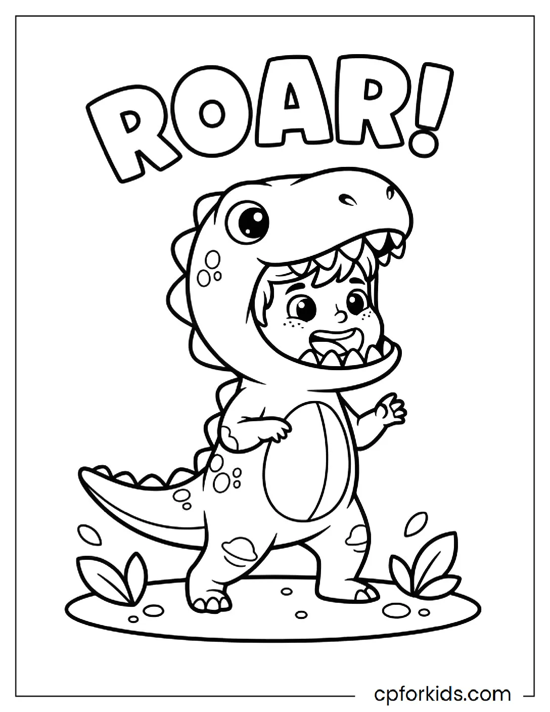 Boy in a roaring T-Rex costume