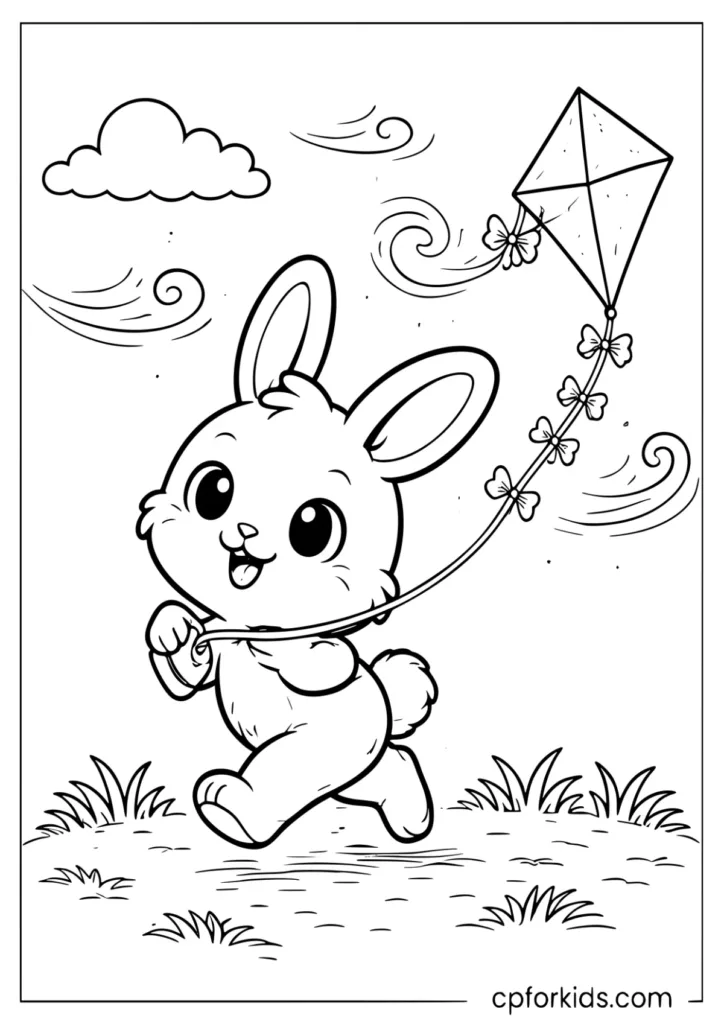 Cute Bunny Flying a Kite Coloring Page