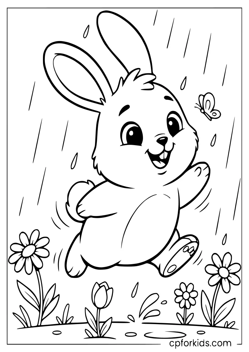 Cute bunny hopping through May flowers