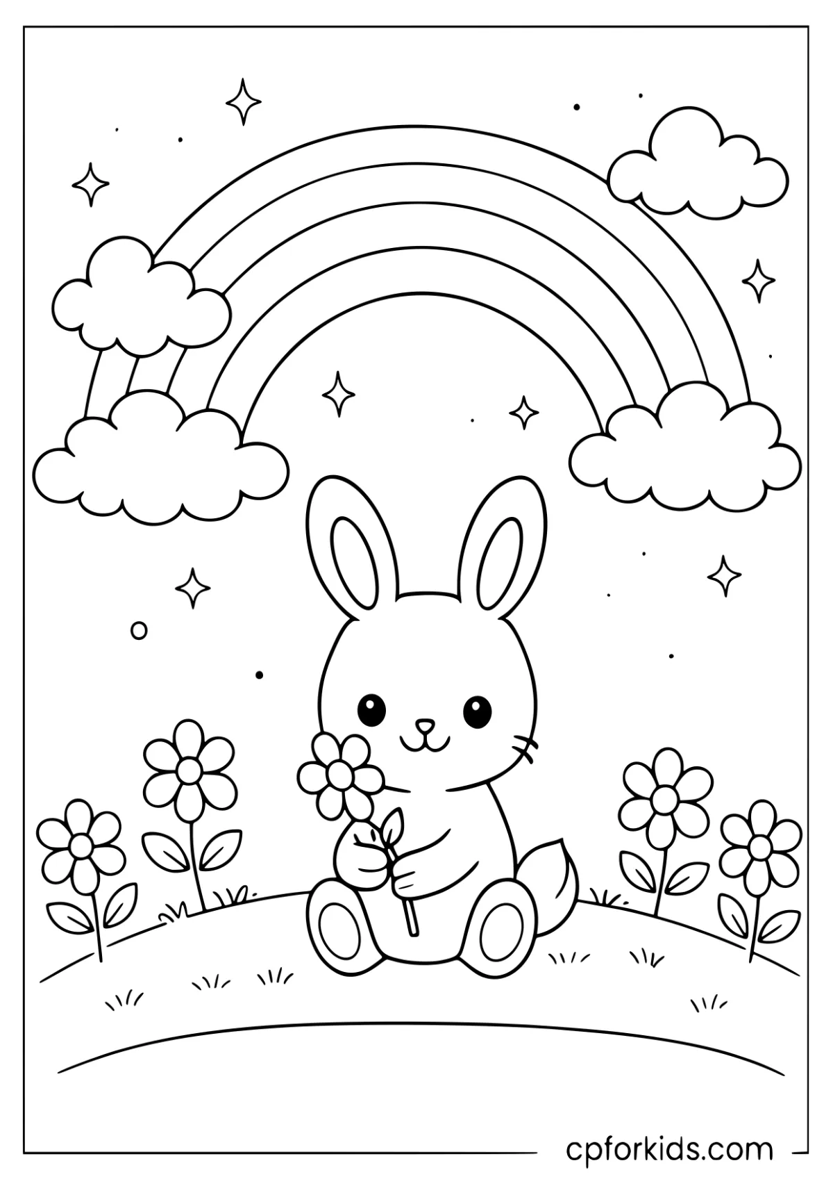 Bunny sitting among flowers under a rainbow