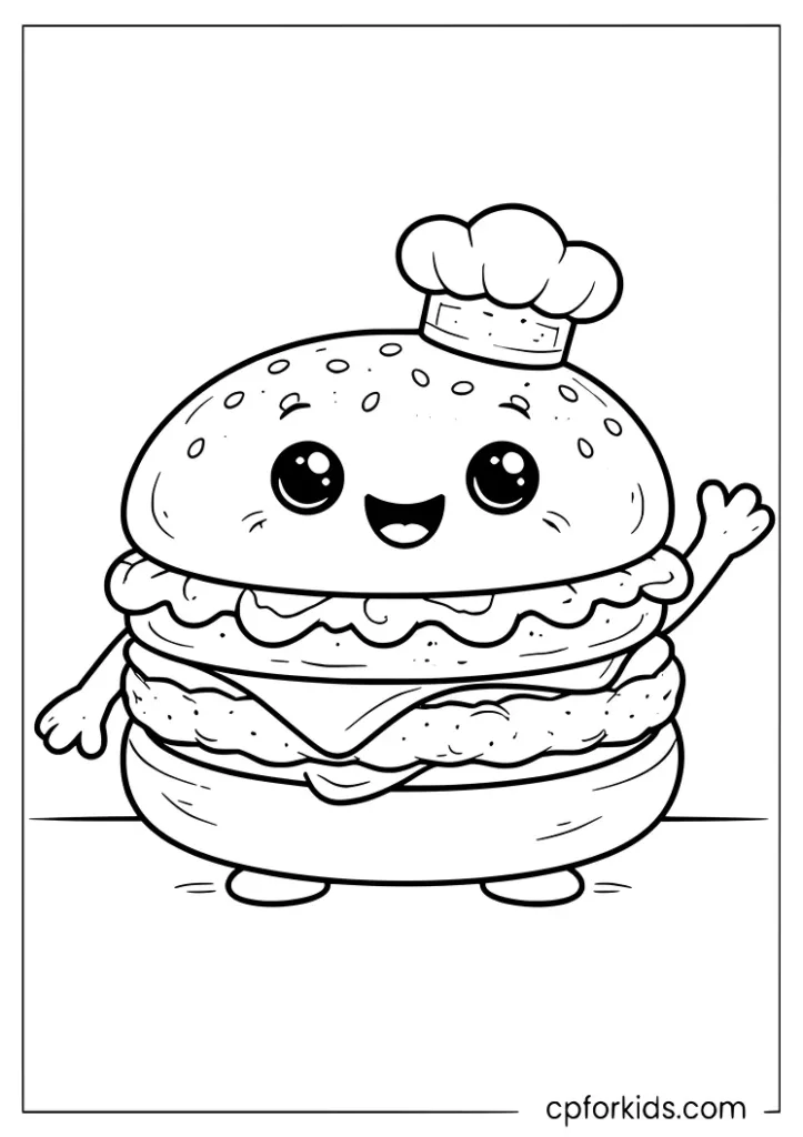 Cute burger chef fast food coloring page with a smiling burger wearing a chef hat