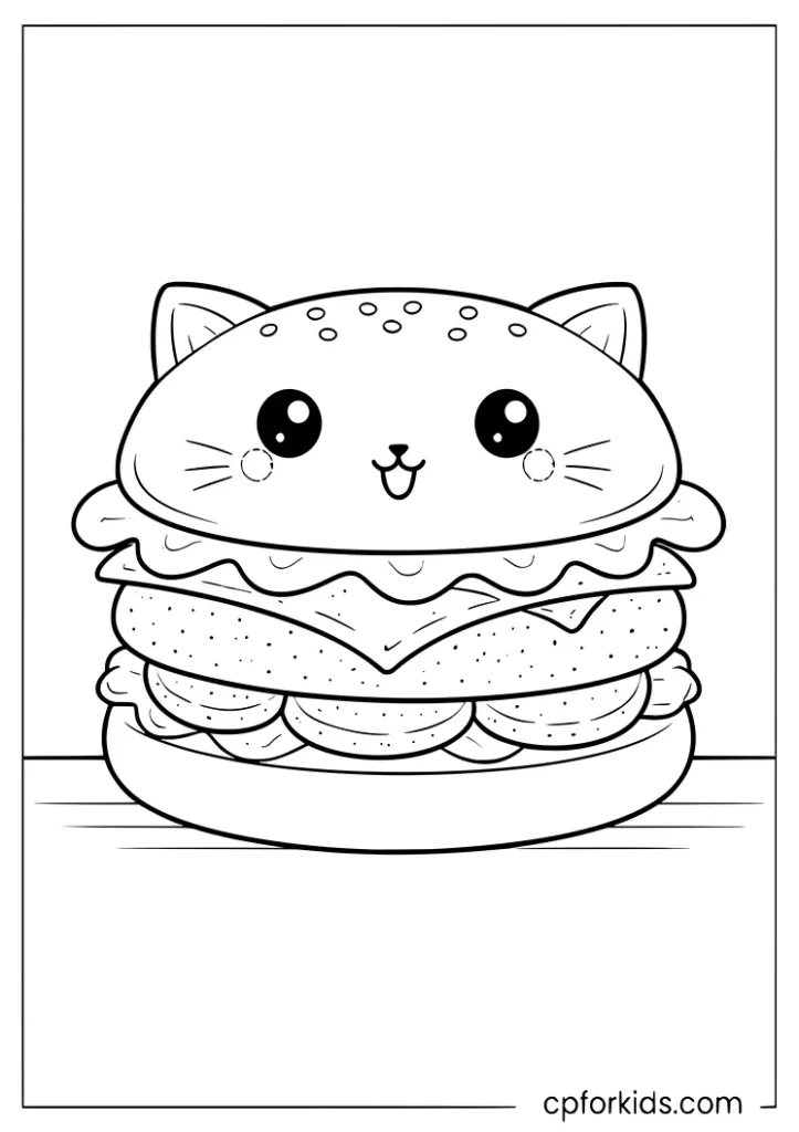 Cute burger with cat face coloring page