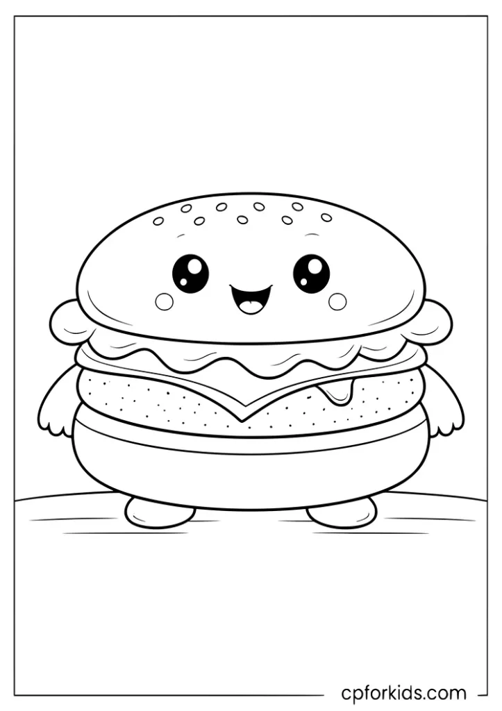 Cute burger with happy face coloring page for kids