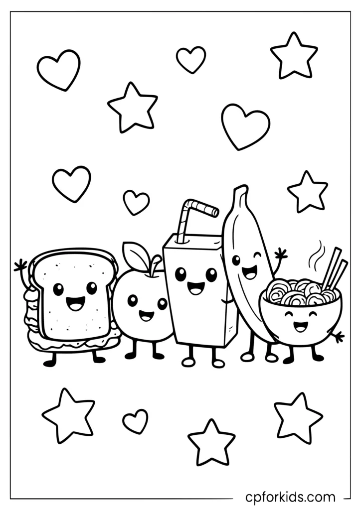 Cute cartoon food friends group posing together with sandwich apple and juice box coloring sheet for kids