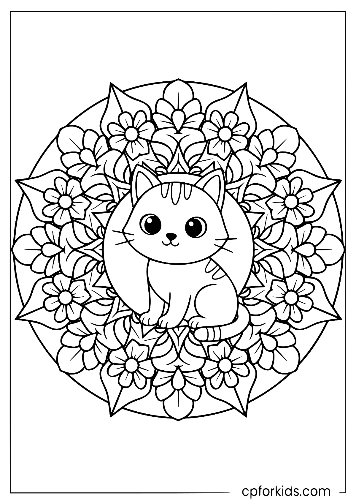 Sitting cat surrounded by broad flowers and leaves